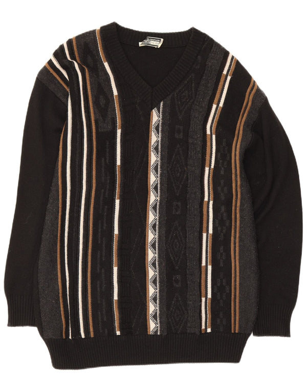Suéter masculino vintage com decote em V UE 46 pequeno preto geométrico lã merino