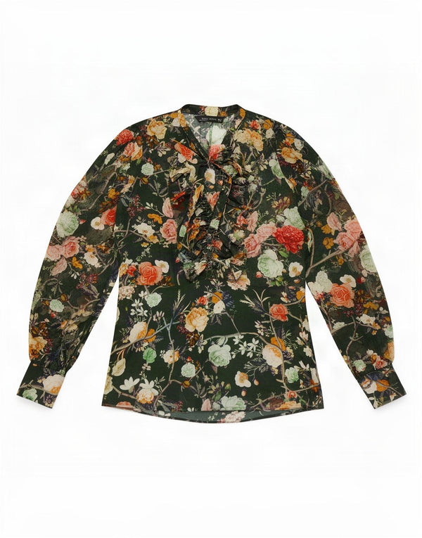 Blusa feminina transparente de manga comprida Zara UK 12 verde médio floral