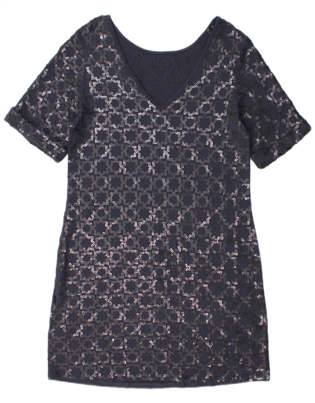 Vestido feminino Monsoon manga curta, tamanho UK 12, médio, azul marinho, geométrico