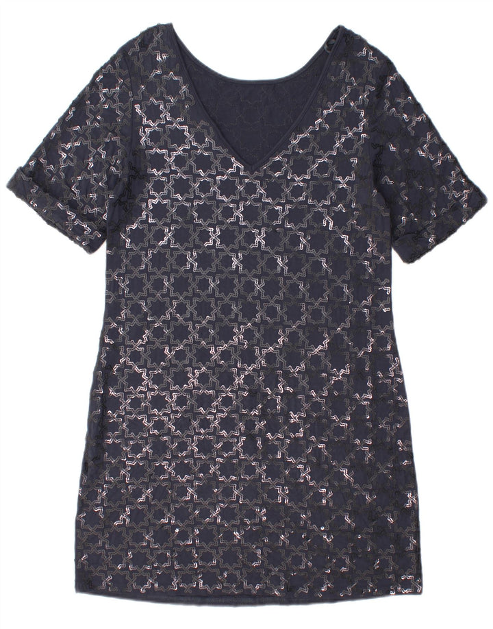 Vestido feminino Monsoon manga curta, tamanho UK 12, médio, azul marinho, geométrico