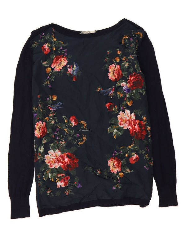 Suéter feminino OASIS com gola canoa Reino Unido 6 XS azul marinho floral viscose