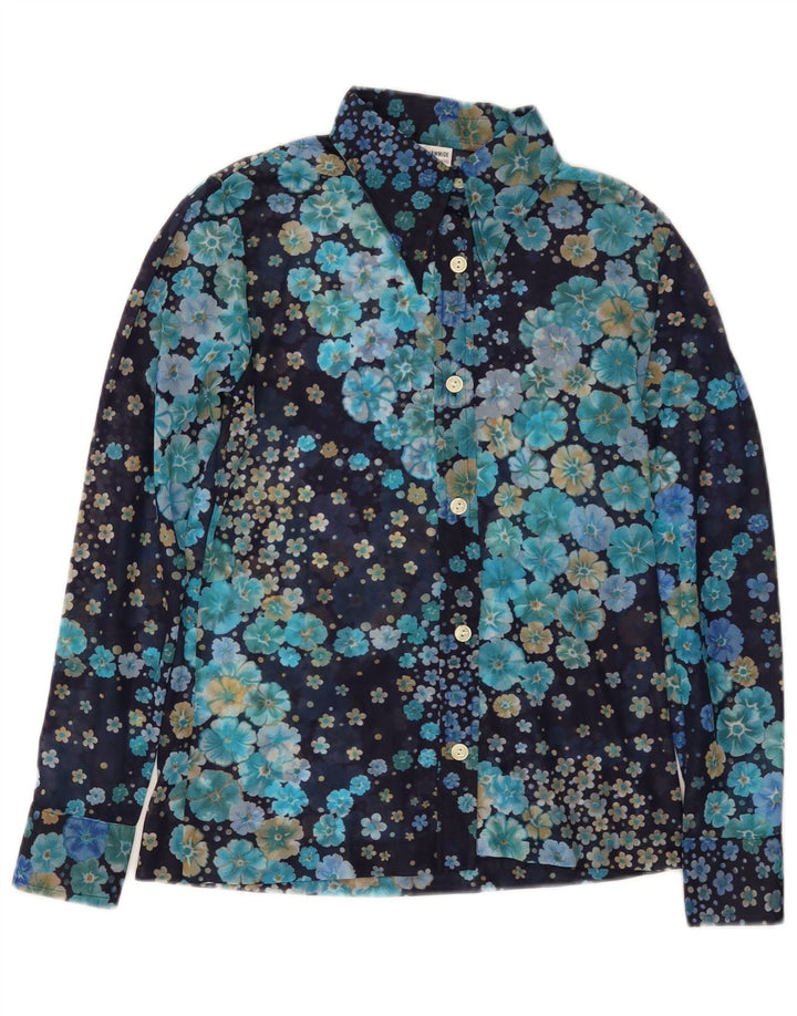 Blusa feminina VINTAGE Reino Unido 10 pequena azul marinho floral poliamida
