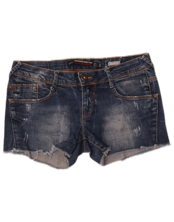 Zara Shorts jeans feminino desgastado UE 38 pequeno W28 azul