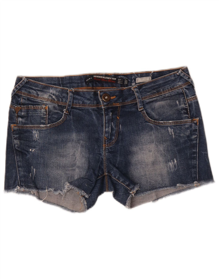 Zara Shorts jeans feminino desgastado UE 38 pequeno W28 azul