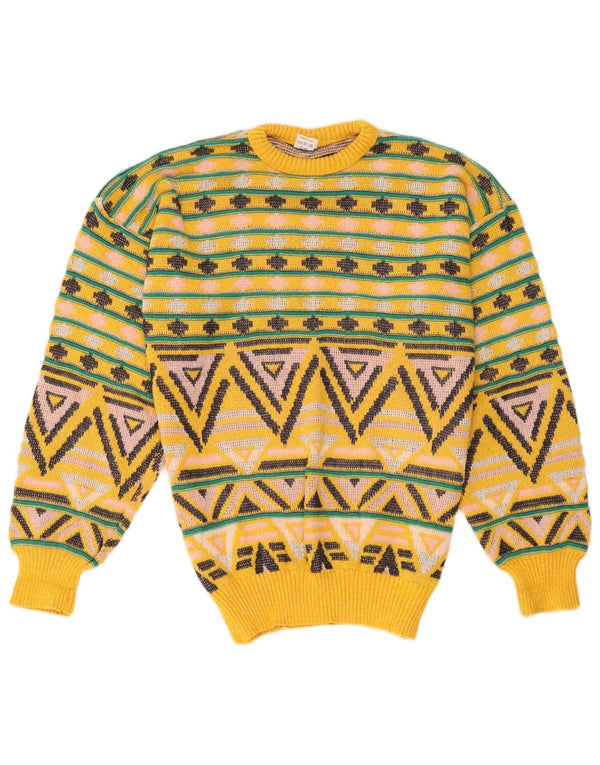 Suéter vintage masculino com gola redonda, algodão geométrico amarelo médio