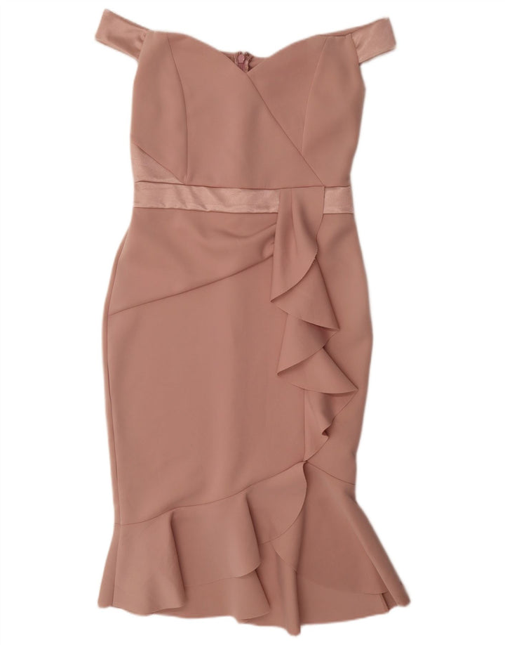 Vestido feminino Lipsy com babados na frente e ombros de fora UK 12 poliéster rosa médio