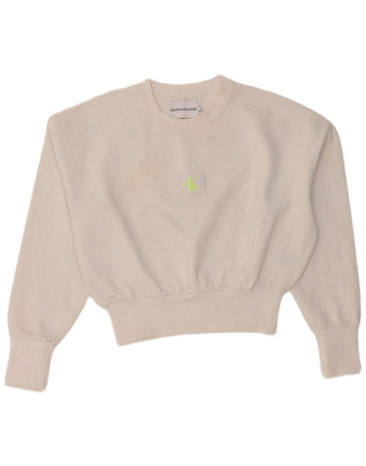 Calvin Klein Jeans feminino oversized moletom jumper UK 14 médio branco