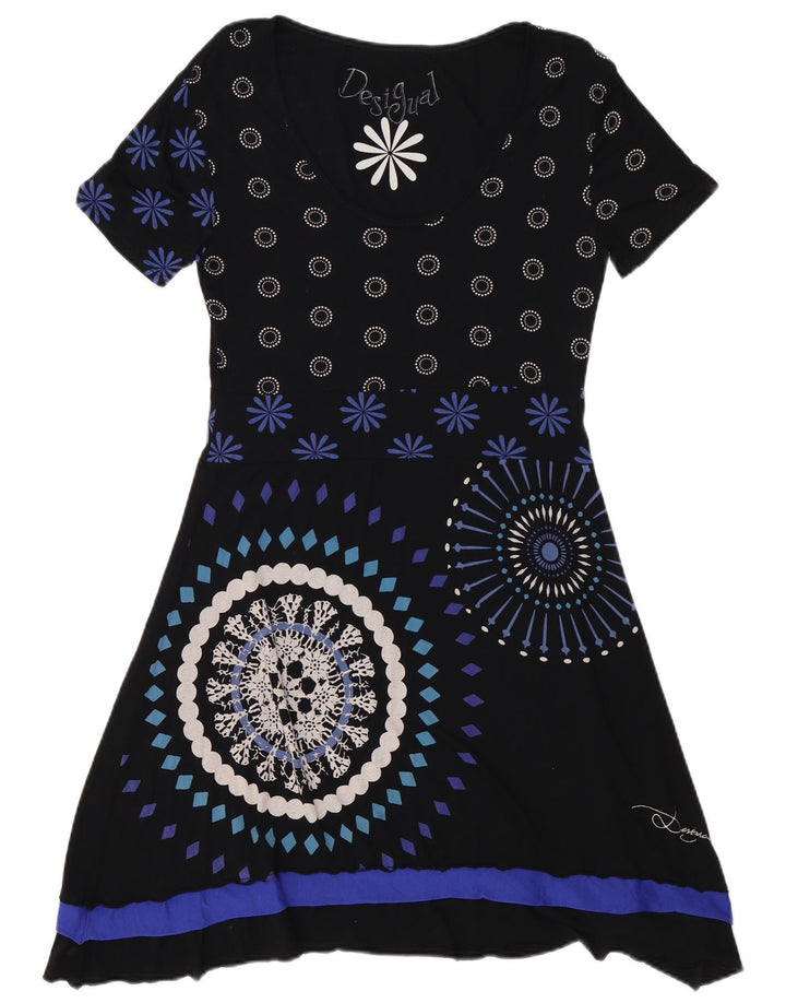 DESIGUAL Vestido feminino evasê UK 18 XL preto floral viscose