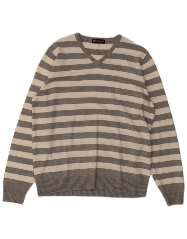Suéter masculino Marks & Spencer Autograph com decote em V listrado cinza médio