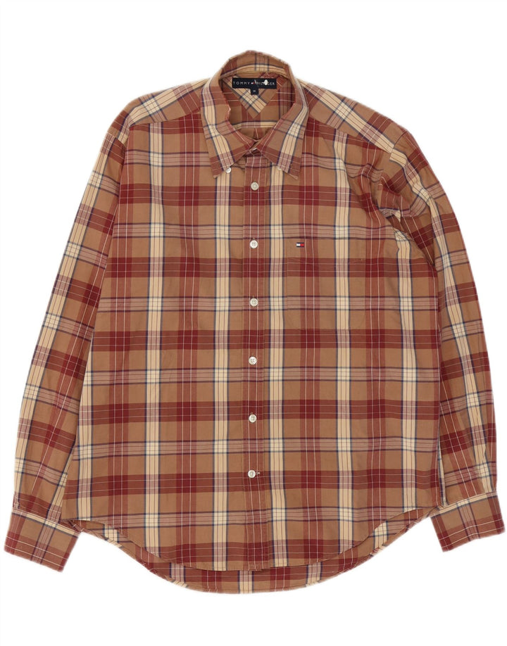 Camisa masculina Tommy Hilfiger de algodão xadrez marrom médio