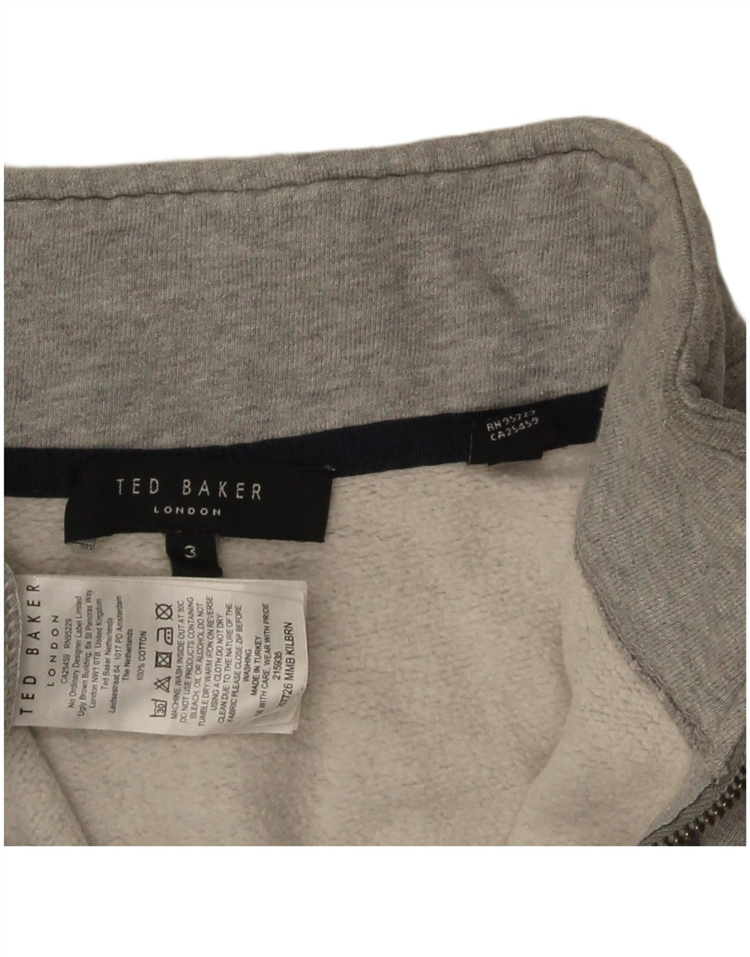 Suéter feminino Ted Baker com zíper e gola tamanho 3 algodão cinza médio