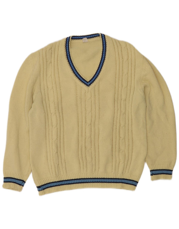Suéter vintage masculino com decote em V grande acrílico listrado amarelo