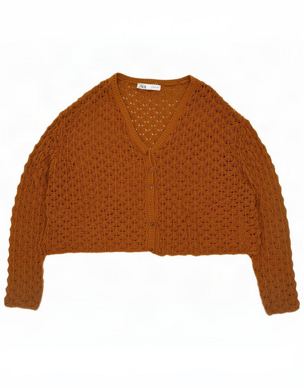 Zara Womens Crop Oversized Cardigan Sweater UK 12 Medium Brown Cotton