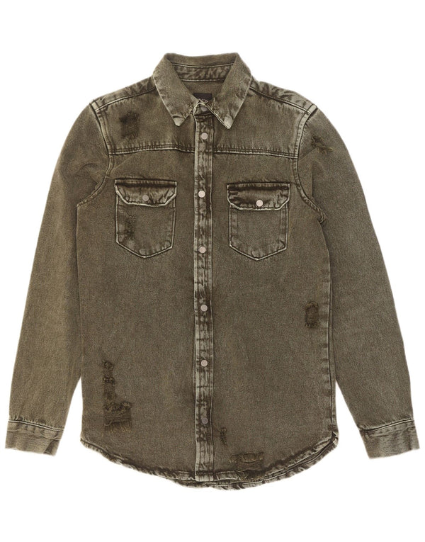 Camisa jeans masculina Zara com ajuste relaxado e desgastado pequeno algodão cáqui