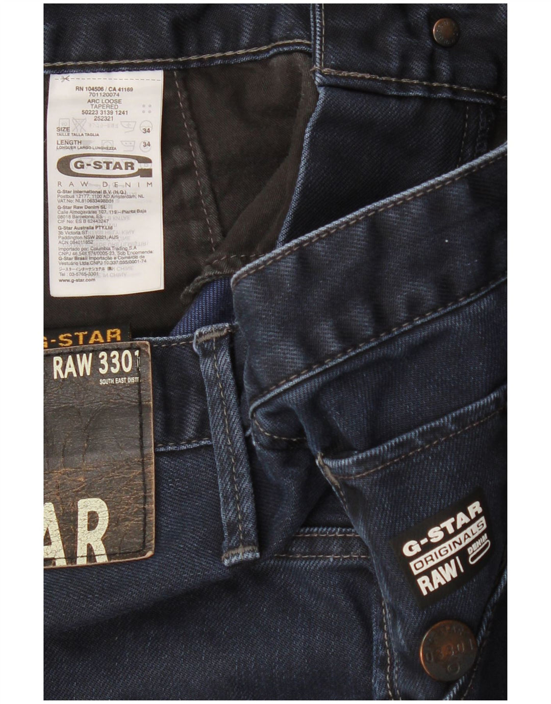 Calça jeans masculina G-STAR Arc solta cônica W34 L34 algodão azul marinho