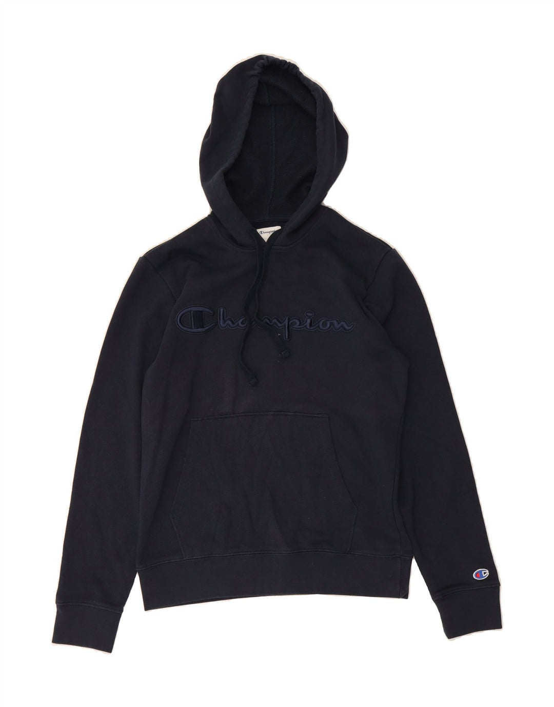 CHAMPION Mens Graphic Hoodie Jumper Small Navy Blue Cotton Vintage Champion and Second-Hand Champion from Messina Hembry 