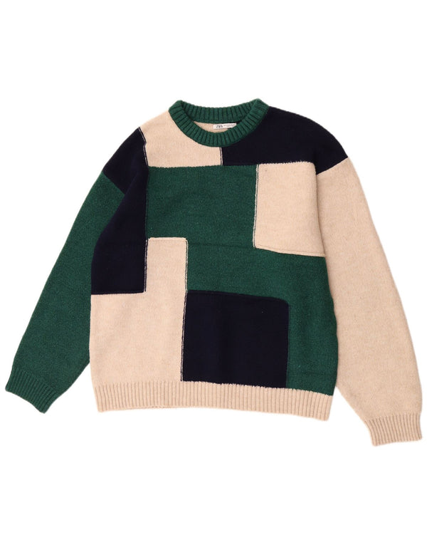 Zara Suéter masculino com gola canoa XL verde colorblock acrílico