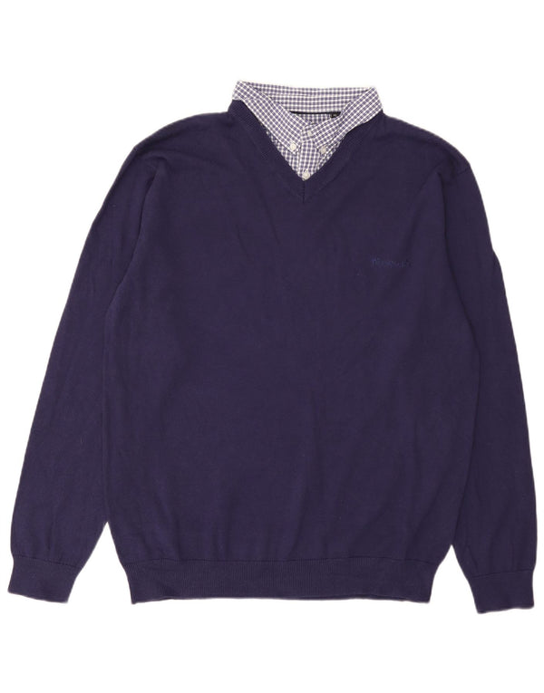 Suéter masculino Pierre Cardin com decote em V XL azul marinho algodão