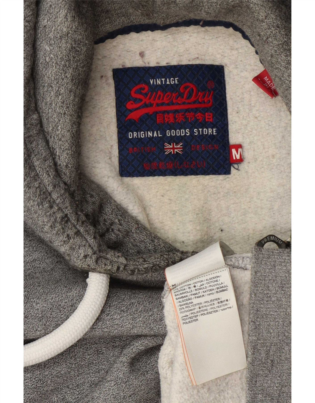 Suéter masculino Superdry com capuz e zíper gráfico cinza médio algodão