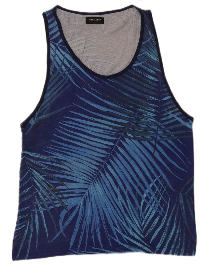 Zara Mens Graphic Vest Top Médio Azul Floral Algodão