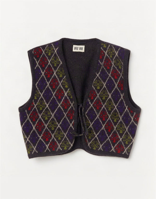 Colete vintage masculino de malha cortada UK 14 grande multicolorido Argyle/Diamante