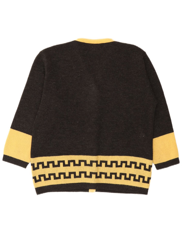 Suéter cardigã gráfico feminino vintage Reino Unido 16 grande lã colorblock cinza