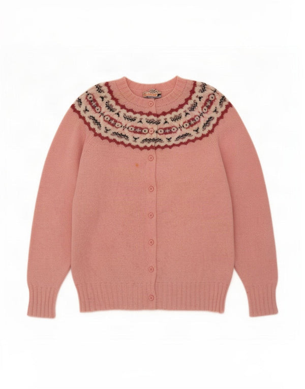 Braemar Womens Cardigan Sweater UK 16 Large Pink Fair Isle Wool