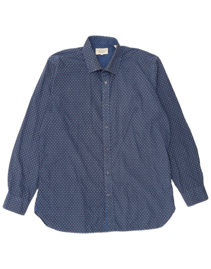 Camisa masculina Ted Baker tamanho 16 1/2 grande algodão geométrico azul