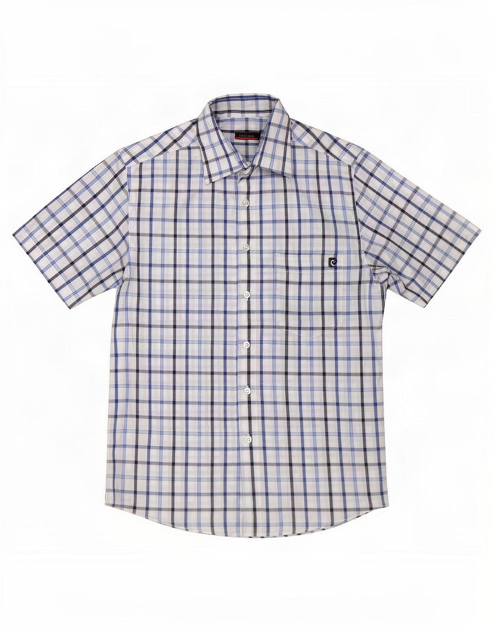Pierre Cardin Camisa masculina de manga curta pequena azul xadrez poliéster