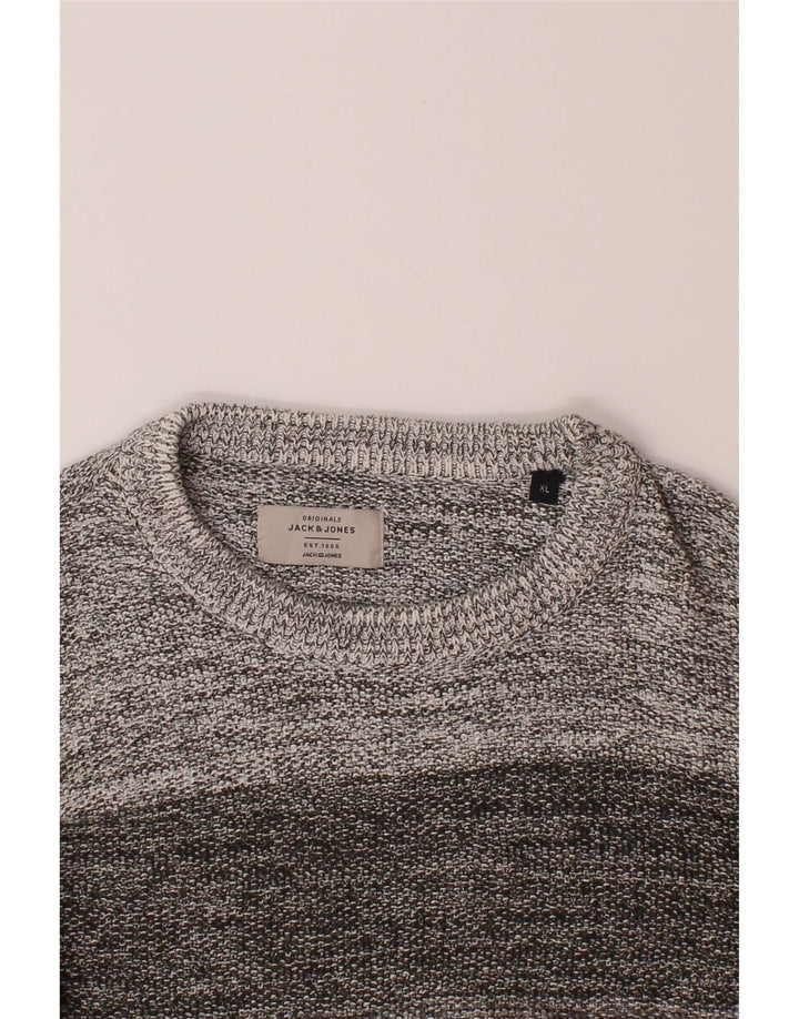 JACK & JONES Mens Crew Neck Jumper Sweater XL Grey Striped Cotton Vintage Jack & Jones and Second-Hand Jack & Jones from Messina Hembry 