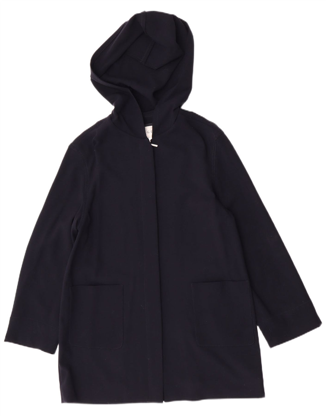 Sobretudo feminino Jaeger com capuz grande tamanho Reino Unido 10 lã virgem azul marinho pequeno
