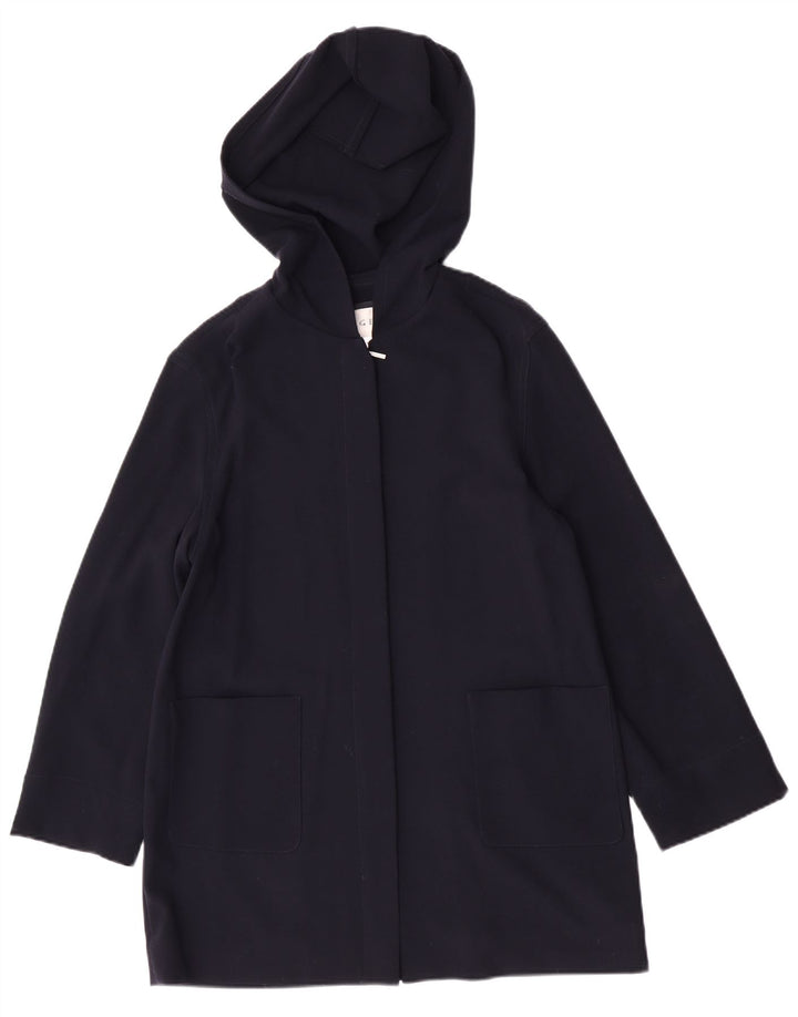 Sobretudo feminino Jaeger com capuz grande tamanho Reino Unido 10 lã virgem azul marinho pequeno