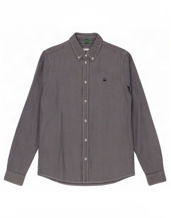 Camisa feminina Benetton Reino Unido 12 risca de giz azul marinho médio