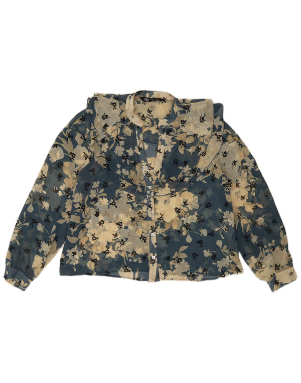 Zara Blusa feminina transparente Reino Unido 10 pequena azul floral poliéster