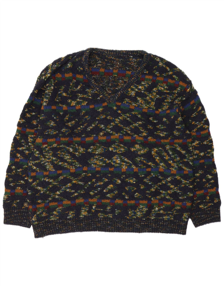 Suéter masculino vintage com decote em V XL de lã geométrica multicolorida