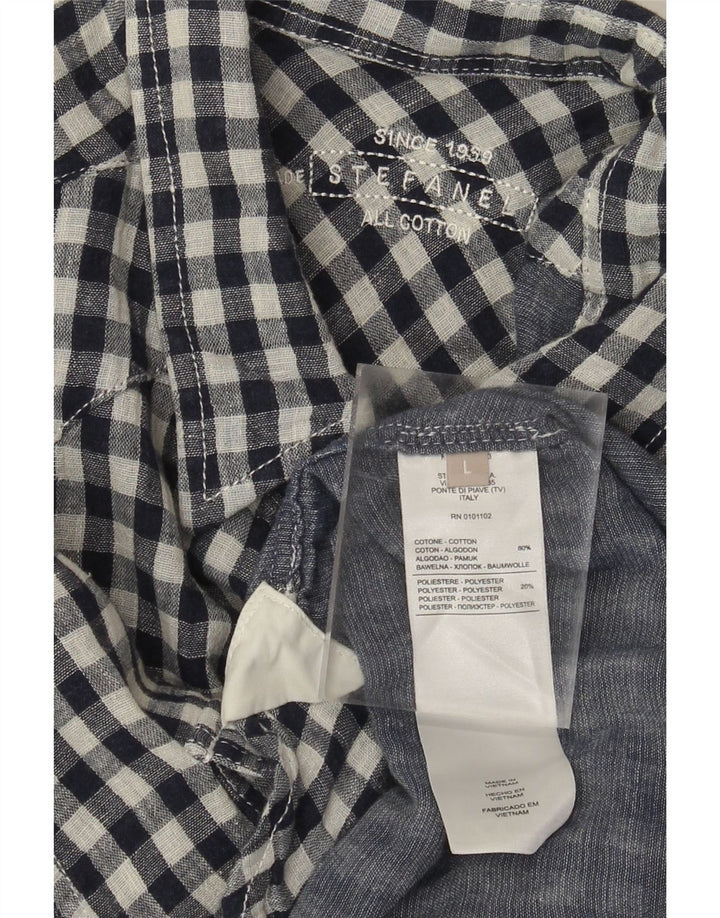 Camisa masculina ocidental Stefanel grande algodão guingão azul marinho