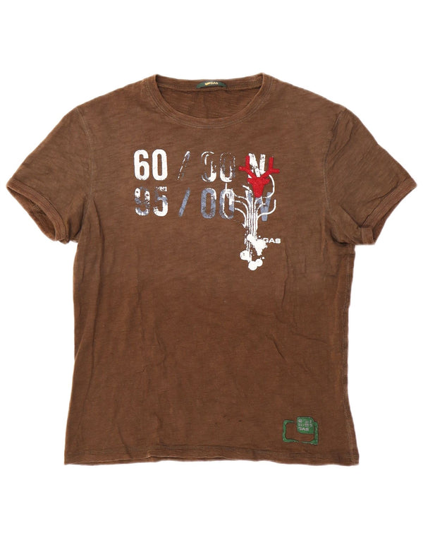 Camiseta masculina gráfica Gas Top de algodão marrom médio