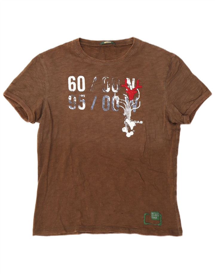Camiseta masculina gráfica Gas Top de algodão marrom médio