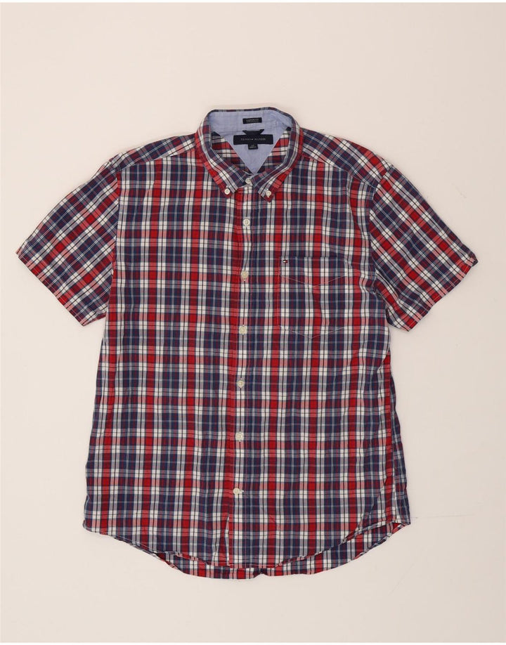 Tommy Hilfiger Camisa masculina de manga curta com ajuste personalizado grande xadrez azul marinho