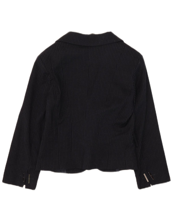 Jaqueta blazer feminina Celyn B cortada aberta IT 46 grande lã listrada azul marinho