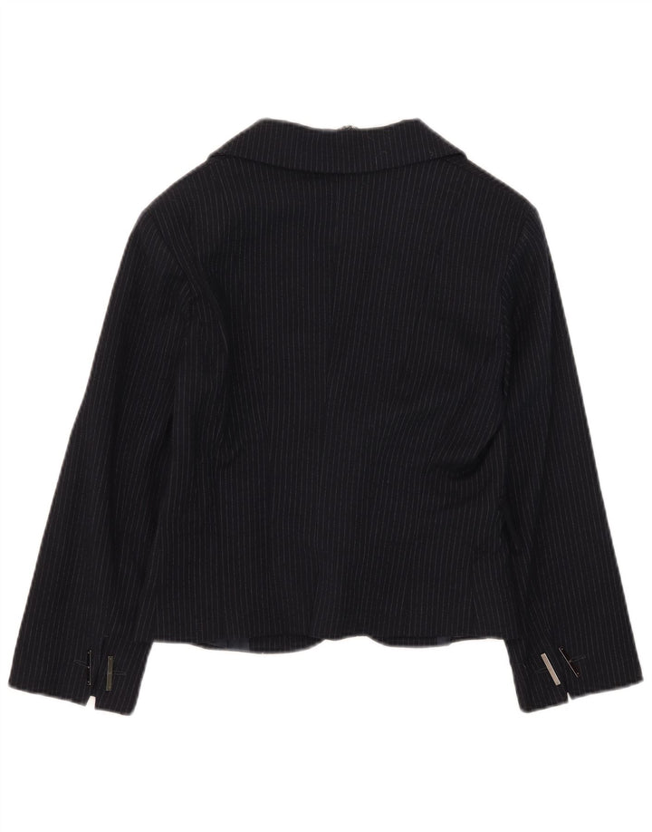 Jaqueta blazer feminina Celyn B cortada aberta IT 46 grande lã listrada azul marinho