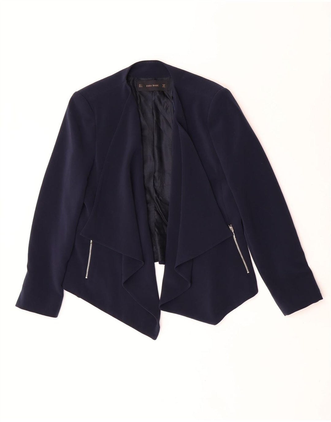 Jaqueta Zara Womens Open Blazer Reino Unido 14 Grande Poliéster Azul Marinho