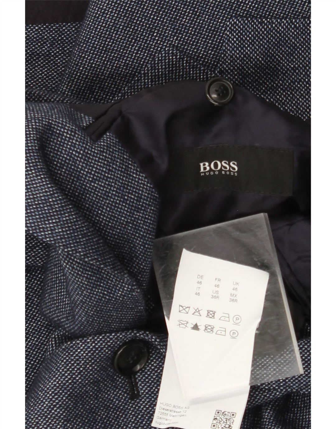 Jaqueta blazer masculina de 2 botões HUGO BOSS EU 46 pequena lã azul marinho