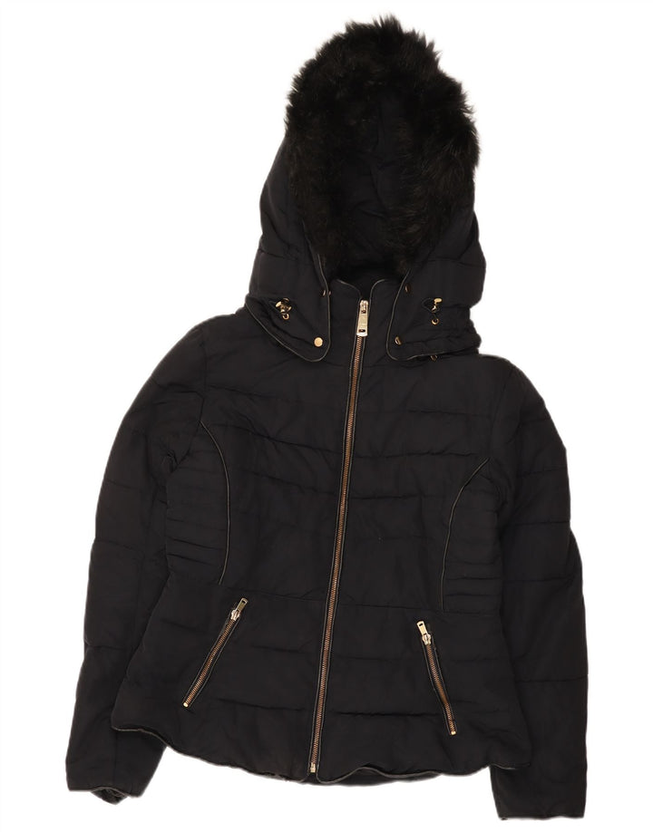 Zara Womens Crop Hooded Jacket UK 16 Grande Poliéster Preto