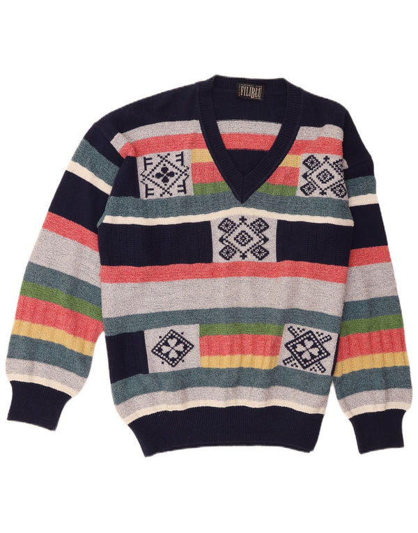 Suéter masculino Baroni com decote em V IT 54 XL algodão listrado multicolorido