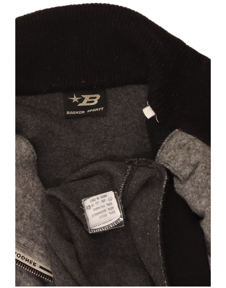 Suéter masculino Bogner com zíper e gola grande, lã colorblock cinza