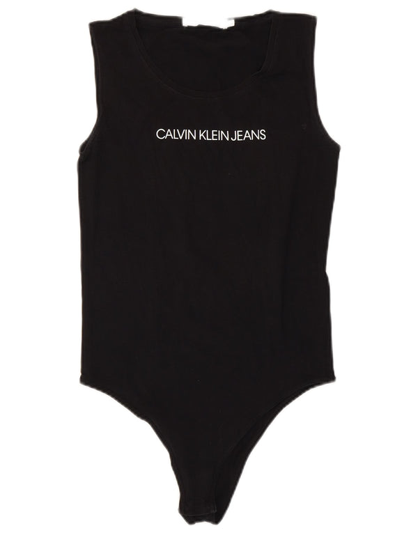 Calvin Klein Jeans feminino gráfico sem mangas bodysuit UK 12 médio preto