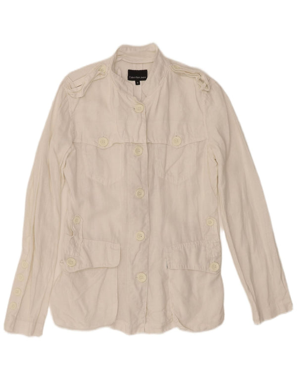 Jaqueta militar feminina Calvin Klein Jeans UK 10 pequena linho branco