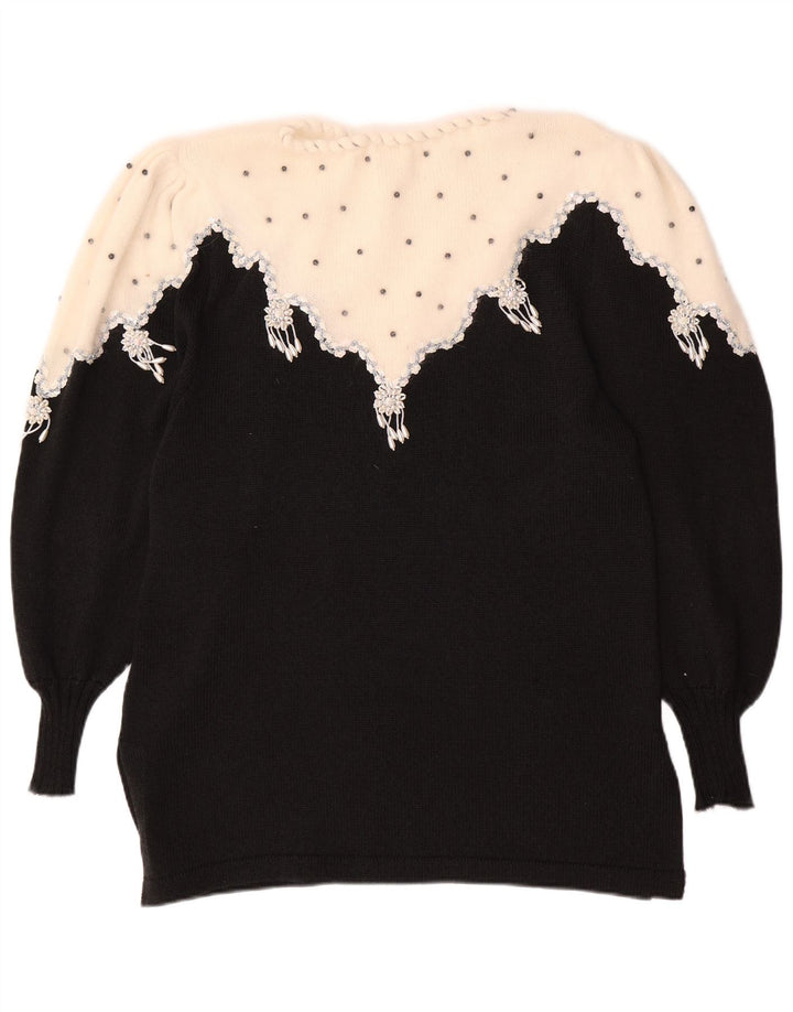 Suéter feminino VINTAGE com gola canoa UK 14 bloco colorido preto médio