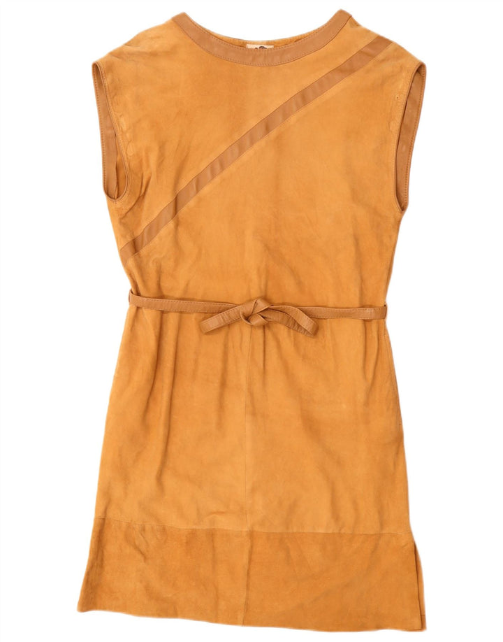 Vestido básico feminino vintage sem mangas em camurça Reino Unido 12 bege médio